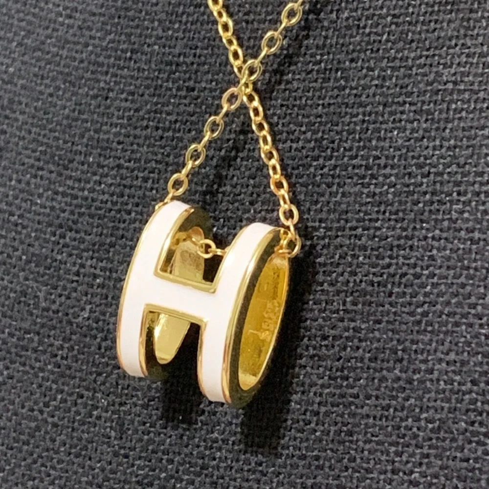 Mini Pop "H" Necklace Gold Tone 925 Stamped Chain w/ S925 White Enamel H Pendant - Picture 5 of 8